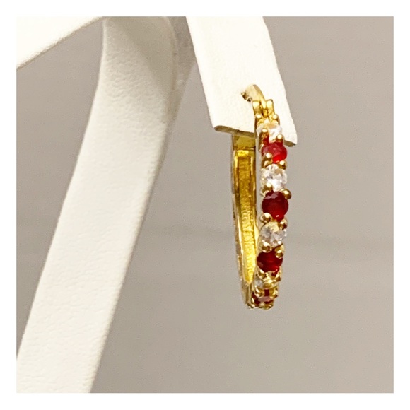 Gold tone hoop earrings with red and clear stones - Picture 6 of 11